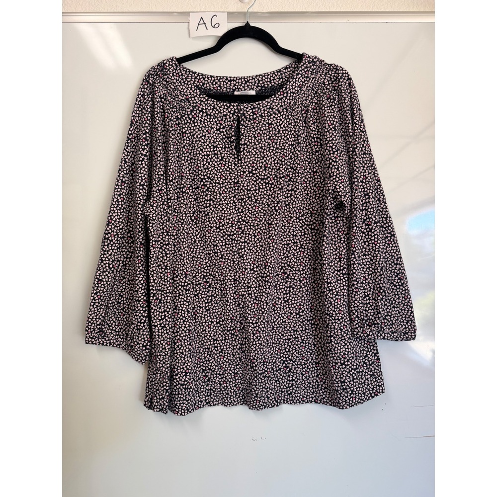 J. Jill More Love Collection Heart Print Cotton Blouse Navy Pink Large Tall